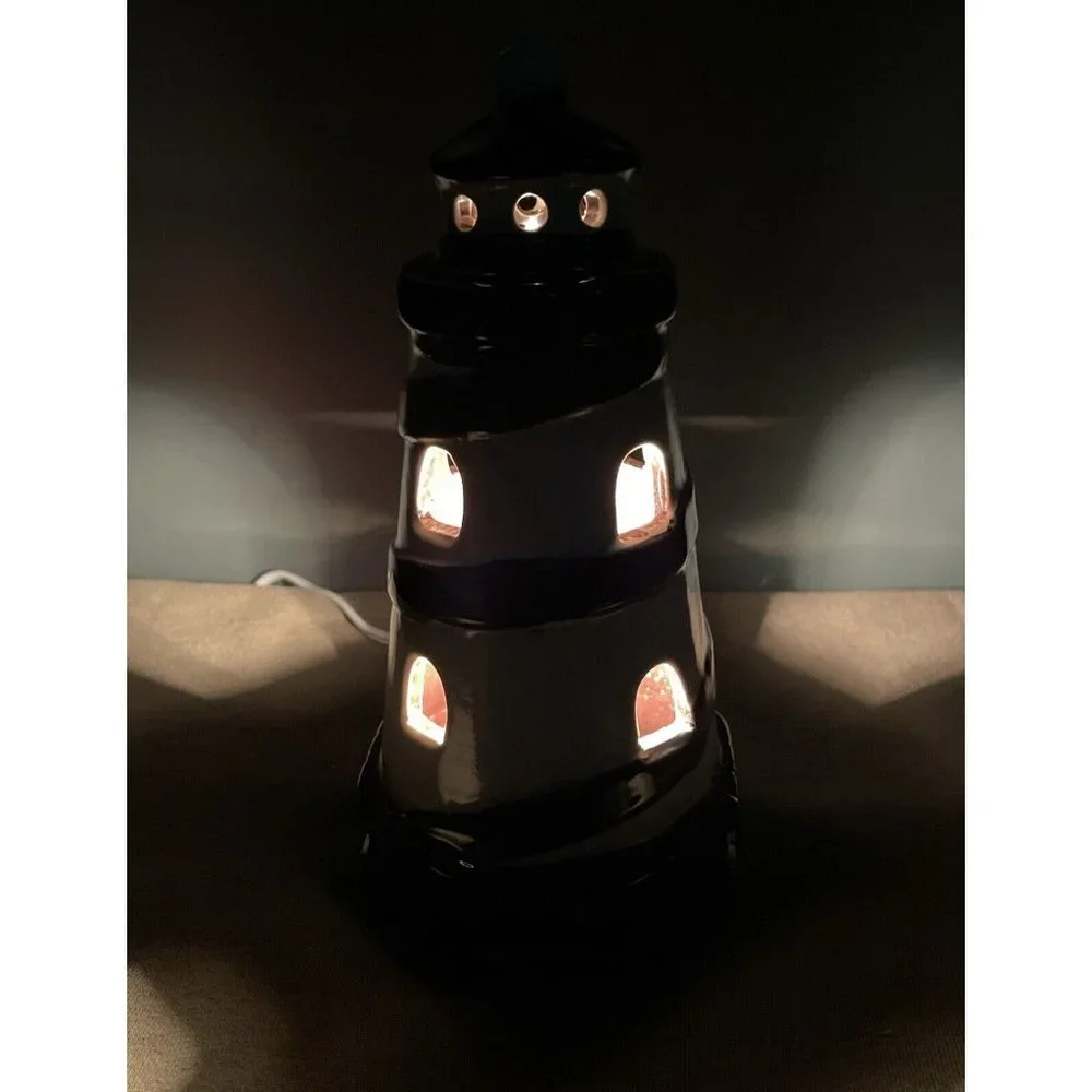 Lighthouse Nautical Spiral Hand Painted Ceramic Vintage Nightlight Light 7”